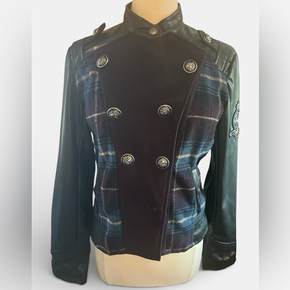Buffalo David Bitton Military Moto Black & Blue Plaid faux Leather Jacket size M